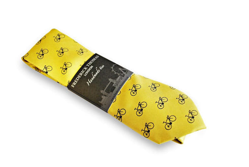 yellow tie with navy bicycle design